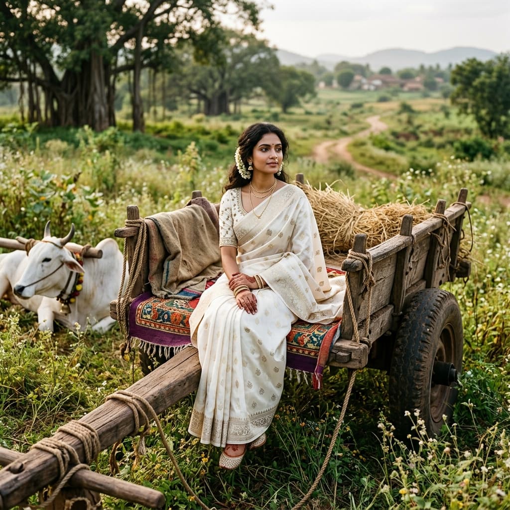 Sample output for Rustic Wagon Sitting Pose (White Saree)