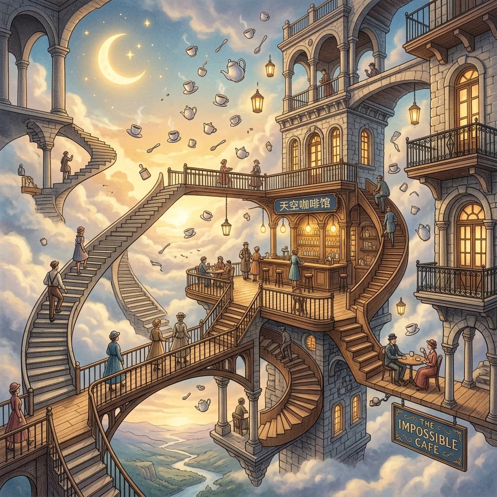 Sample output for Surrealist Impossible Café Scene